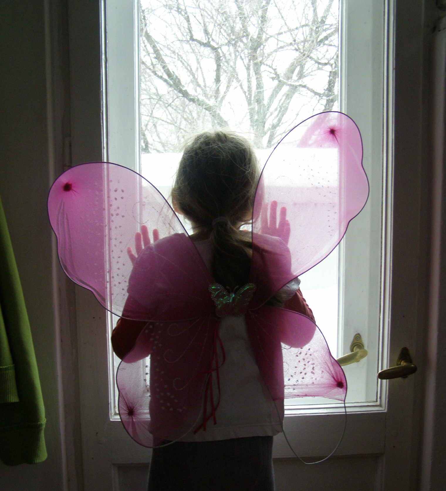 Fetiță purtând aripioare de fluturaș privind zapada de afară