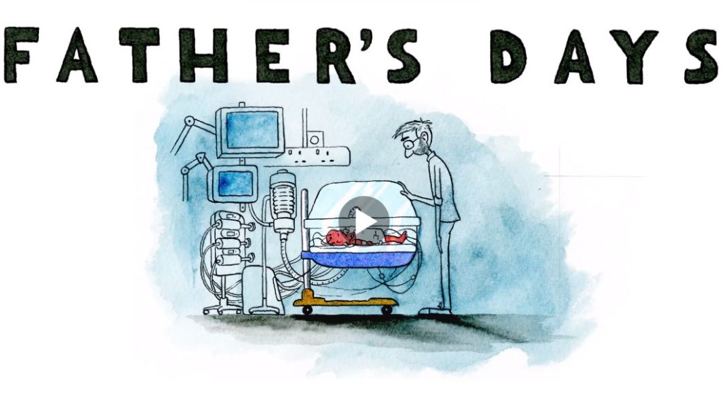 Desen in creion reprezentănd un tată în fața incubatorului , privindu-și copilul