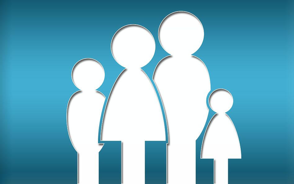 pictograma reprzentănd o familie, părintii si doi copii. Desen alb pe fond albastru
