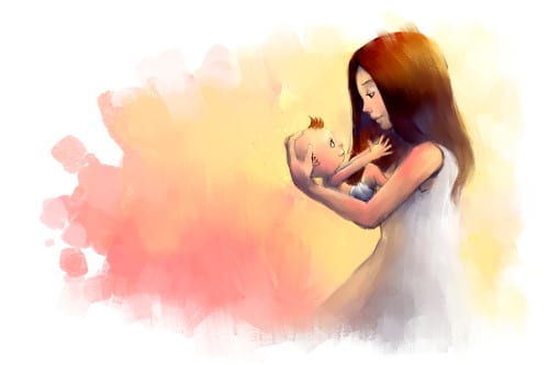 pictură- o mamă ține în brațe un copil mic