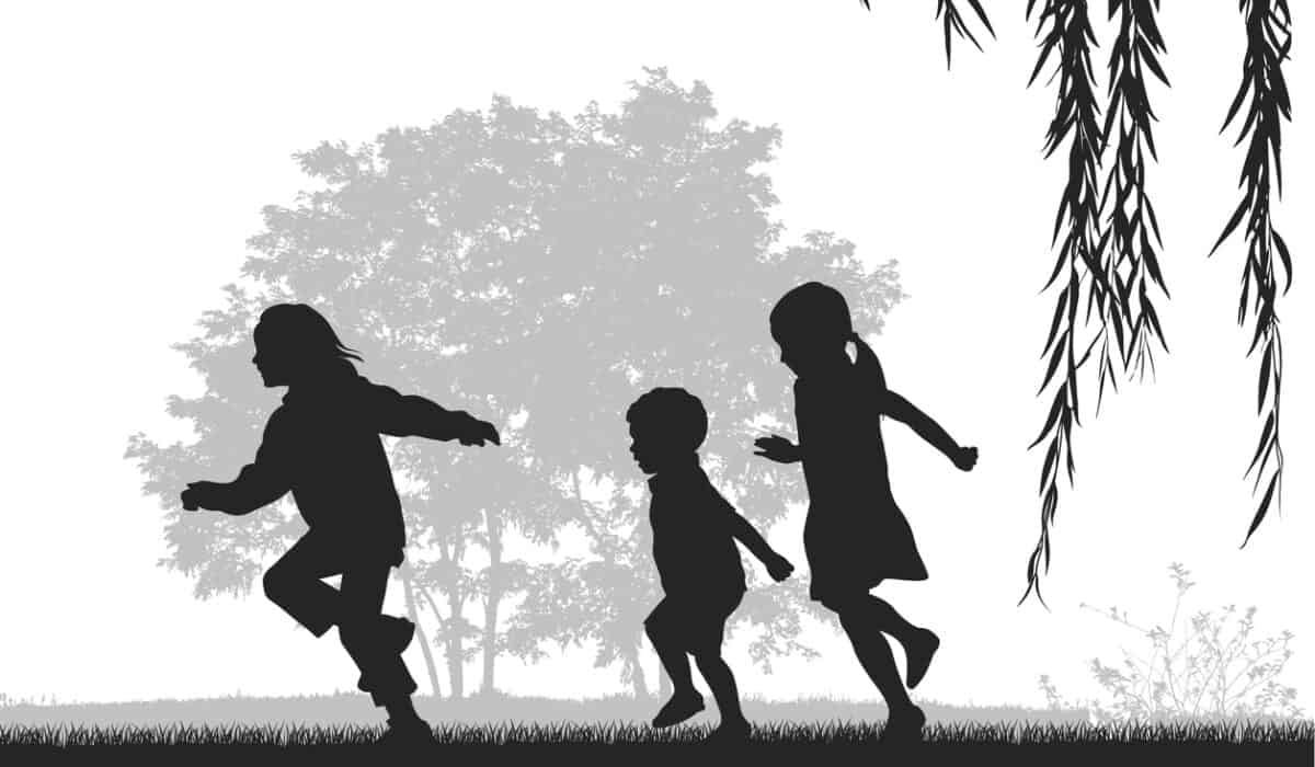 ilustrație alb negru. trei copii alearga afară