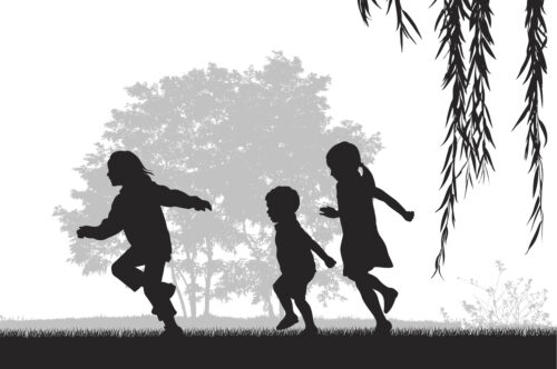 ilustrație alb negru. trei copii alearga afară