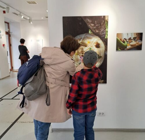 Un băiețel de aproximativ 8,9 ani și mama lui privesc o fotografie din expoziție. În foto, pe un scul de lână, elemente din natură: frunze și flori.