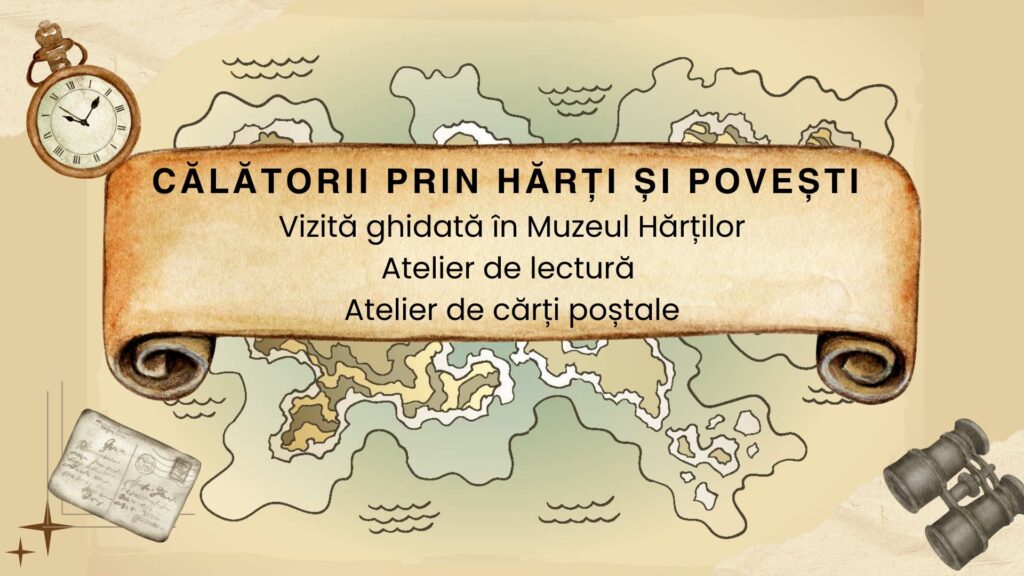 afișul evenimentului Clătorii prin hărți și povești. Ilustrația reprezintă o hartă și elemente grafice: binoclu, busolă, etc.